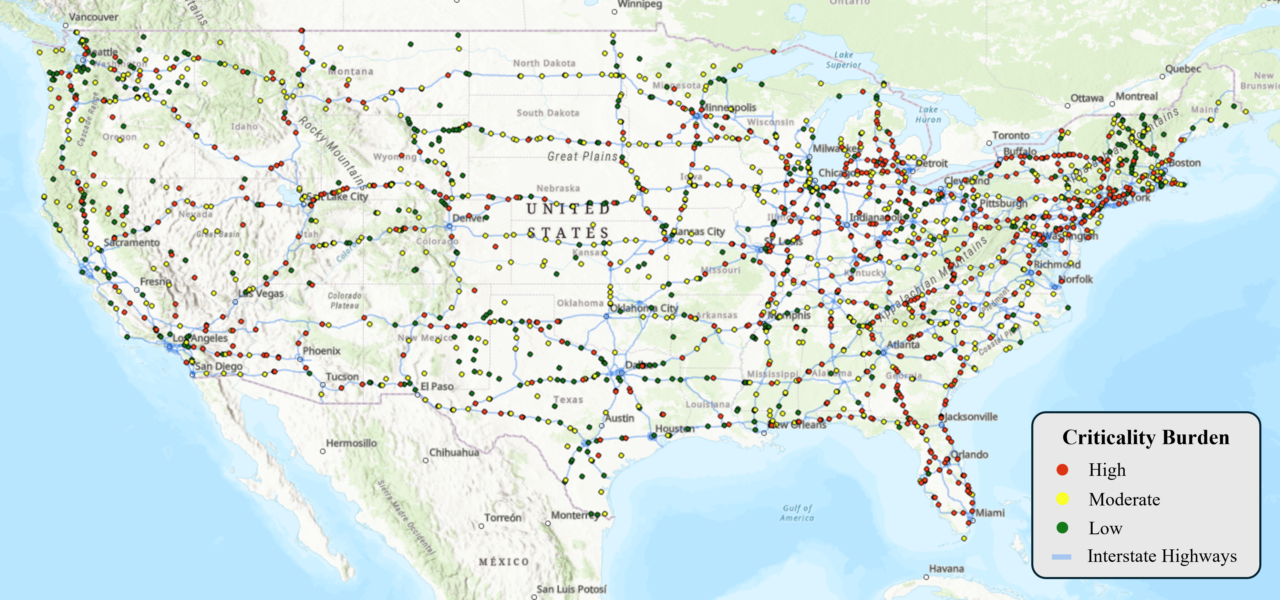 Map of public truck parking facility criticality across the contiguous United States