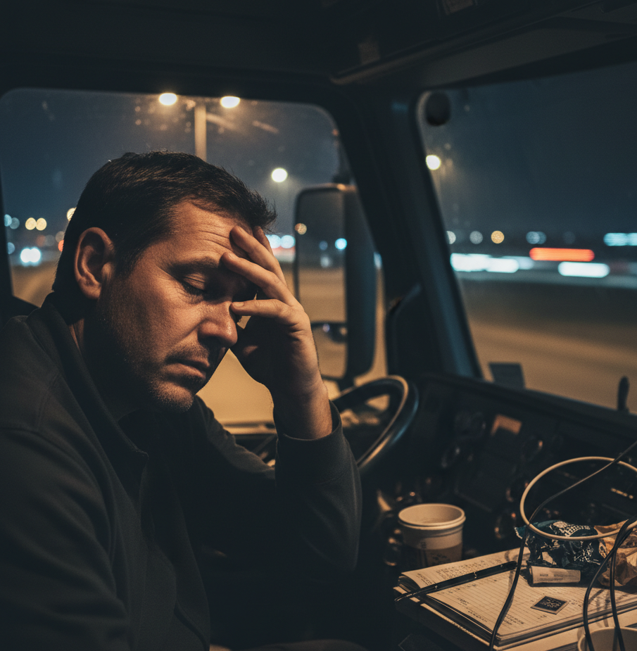 Tired truck driver resting at a truck stop, facing parking shortage and poor amenities