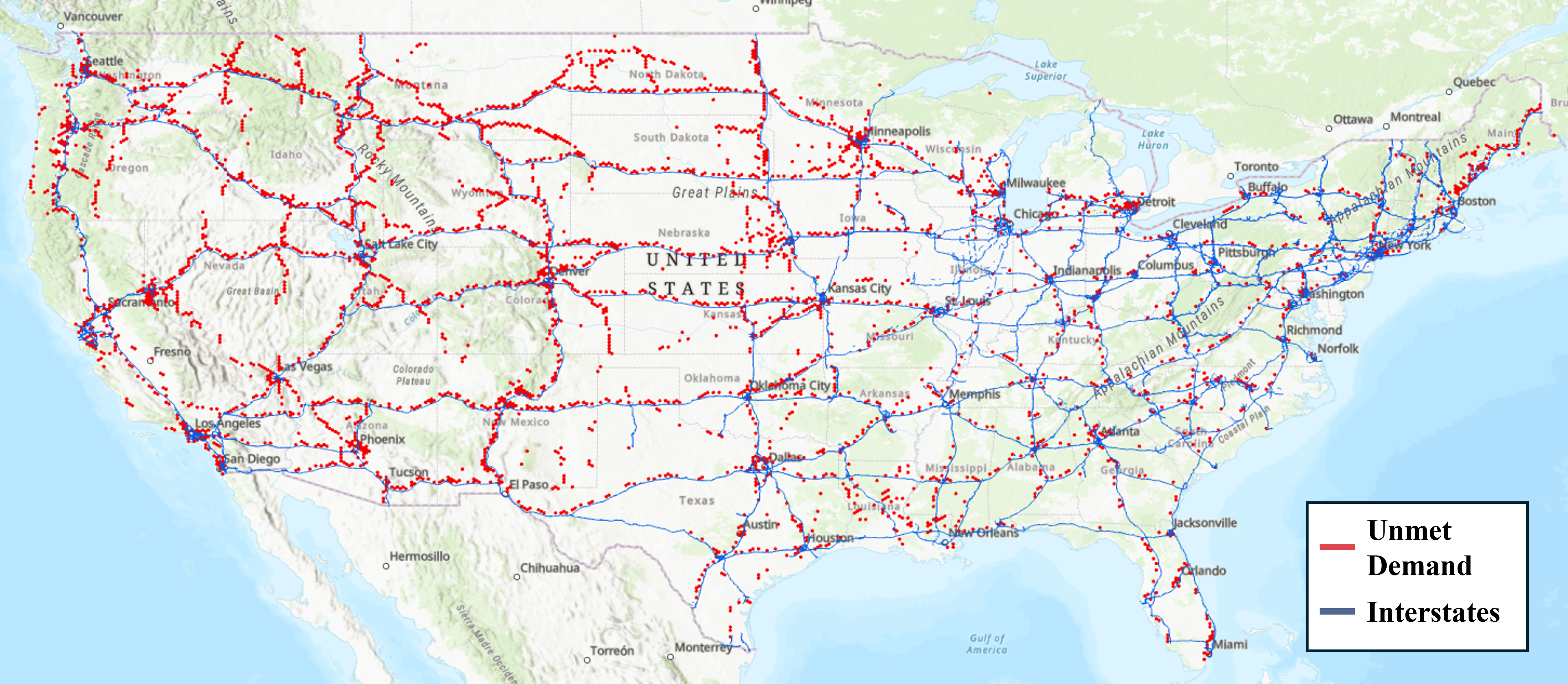Undesignated Truck Parking Location and Risk Map showing unmet demand and interstate corridors