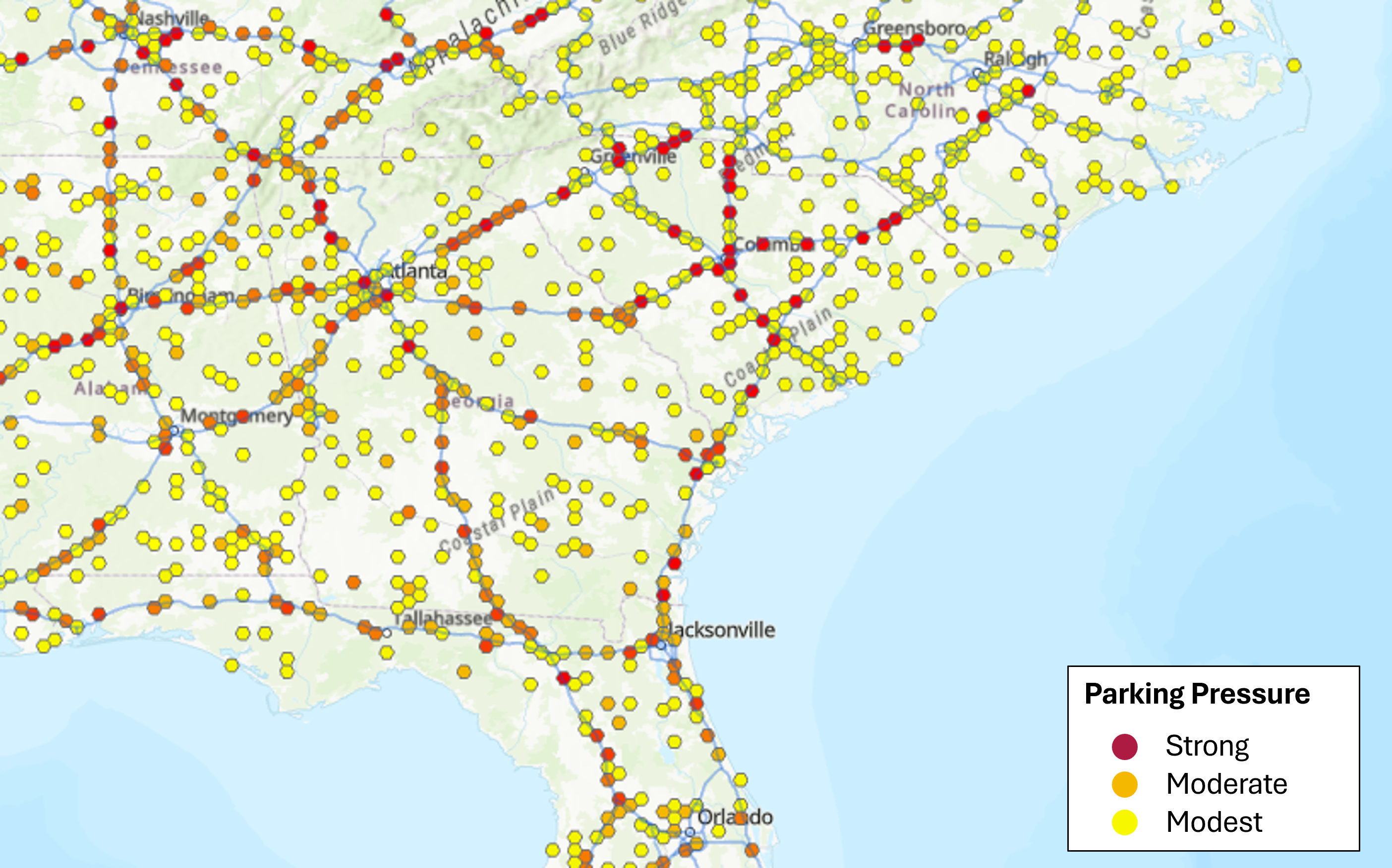 National truck parking pressure screening map across the contiguous United States