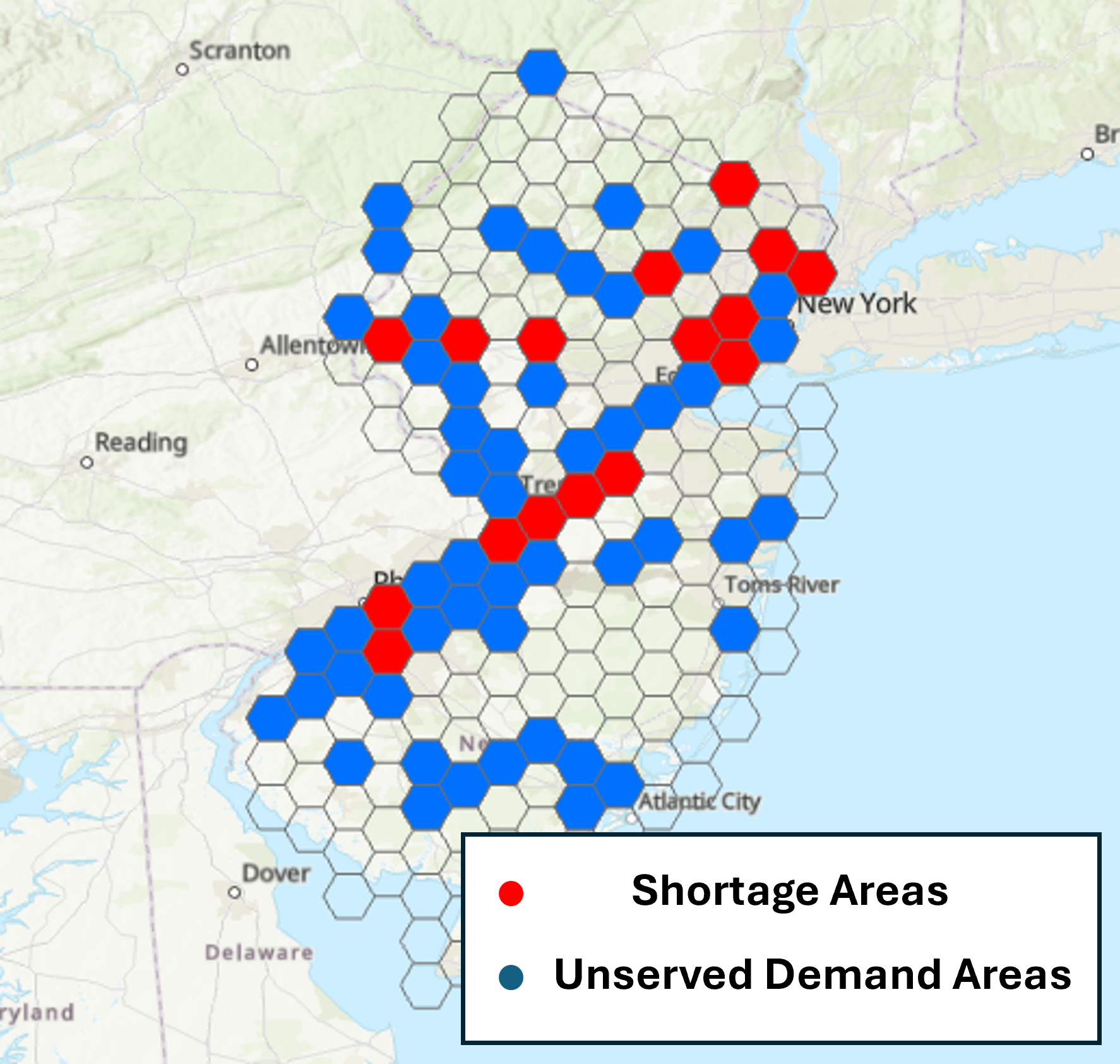 A geospatial hex-grid map of New Jersey showing truck parking insufficiency. 16 grids are colored red to indicate areas already in a parking shortage with peak availability over 90 percent. 52 grids are colored blue to indicate locations with expected truck parking demand despite having no official truck parking facilities.