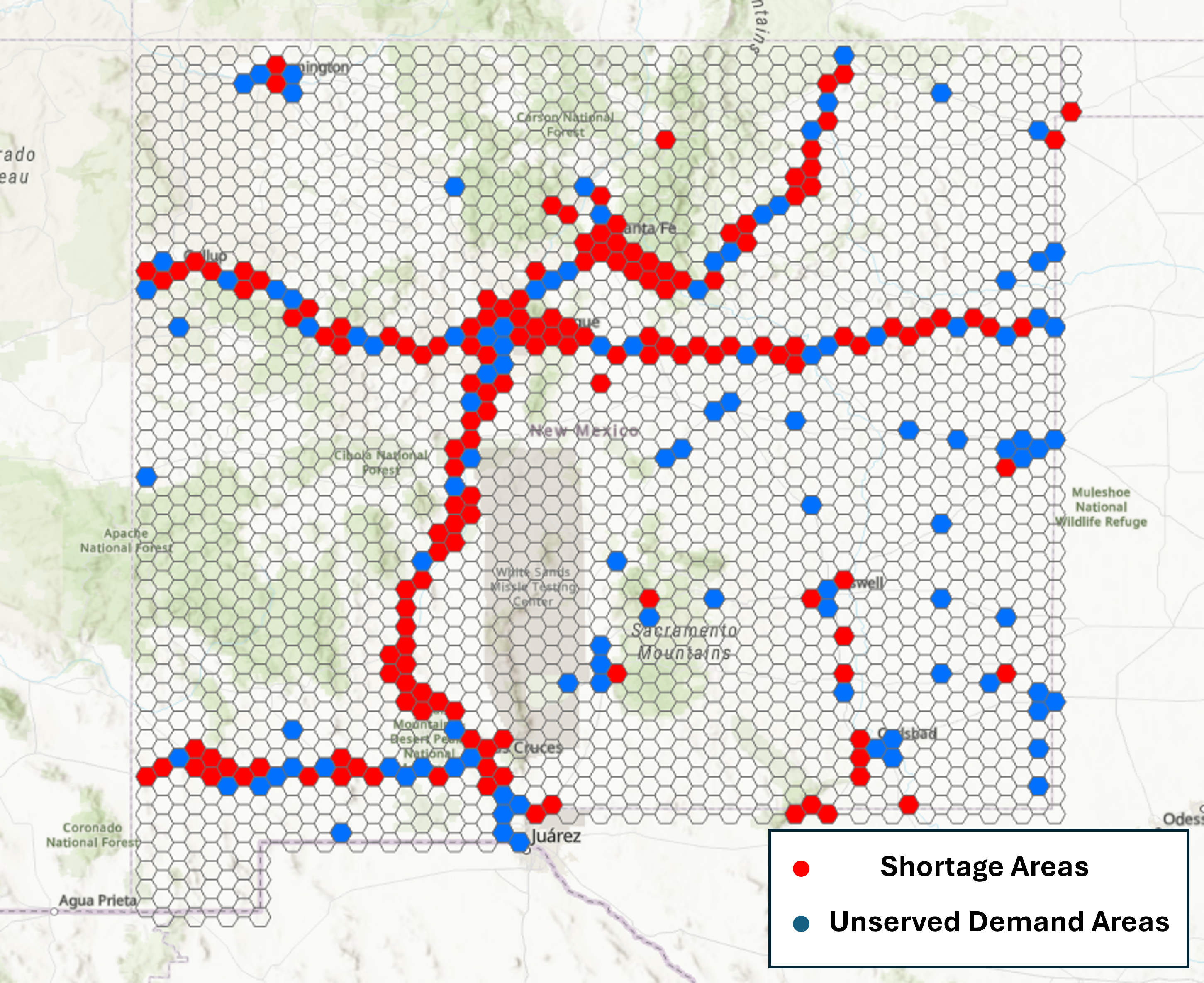 A geospatial hex-grid map of New Mexico titled 'New Mexico Truck Parking Insufficiency Screening'. 206 grids are colored red to show clusters already in a shortage, primarily near major corridors and cities like Albuquerque and Las Cruces. 108 grids are colored blue to indicate expected demand in areas without official truck parking. A legend is included.