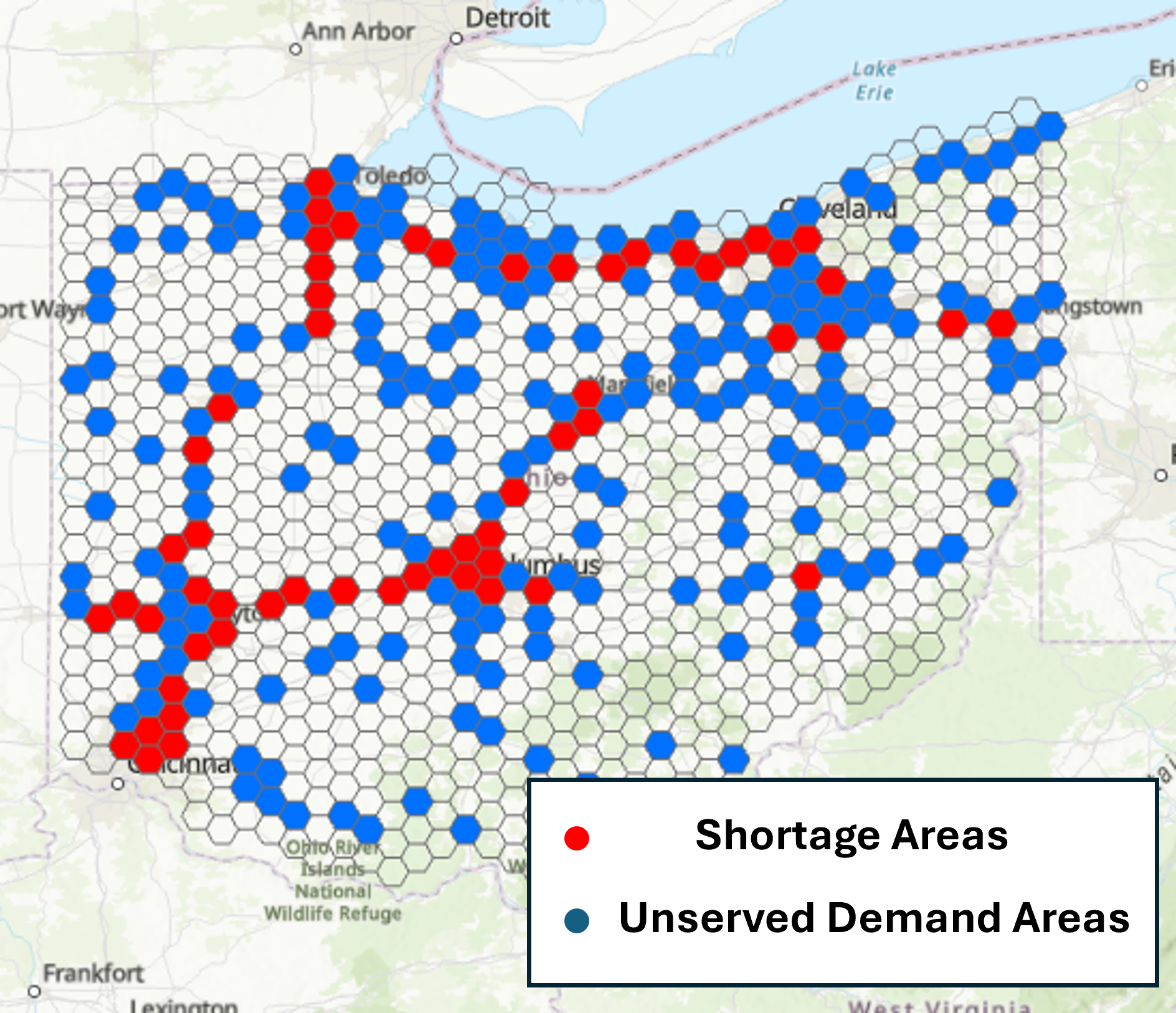 A geospatial hex-grid map of Ohio showing truck parking insufficiency. 58 grids are colored red to indicate areas already in a parking shortage with peak availability over 90 percent. 212 grids are colored blue to indicate locations with expected truck parking demand despite having no official truck parking facilities.