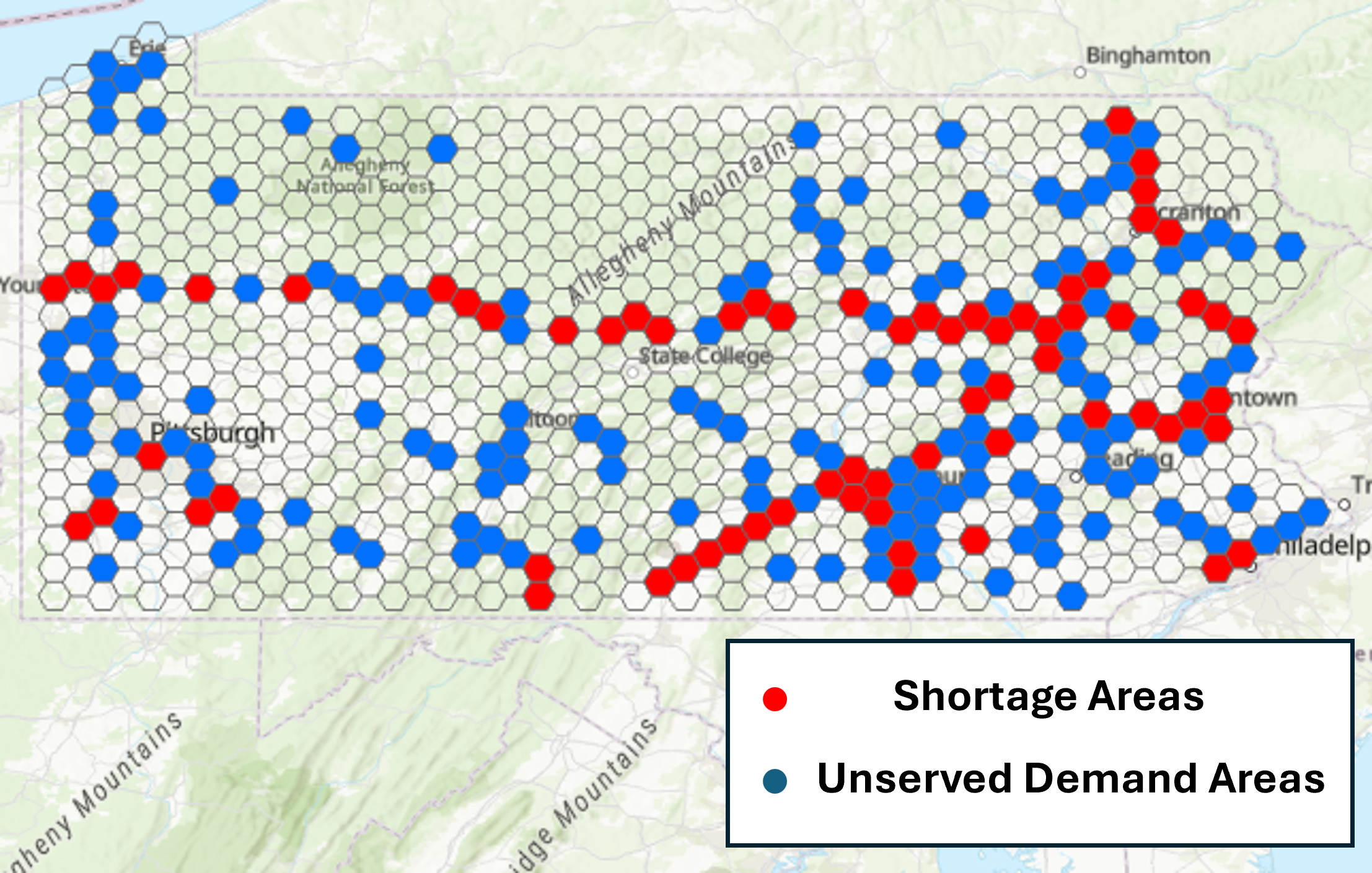 A geospatial hex-grid map of Pennsylvania showing truck parking insufficiency. 70 grids are colored red to indicate areas already in a parking shortage with peak availability over 90 percent. 189 grids are colored blue to indicate locations with expected truck parking demand despite having no official truck parking facilities.