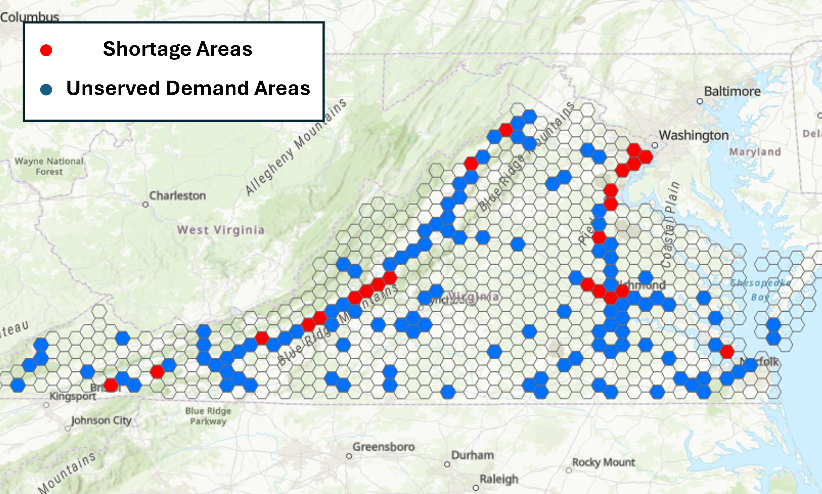 A geospatial hex-grid map of Virginia showing truck parking insufficiency. 58 grids are colored red to indicate areas already in a parking shortage with peak availability over 90 percent. 114 grids are colored blue to indicate locations with expected truck parking demand despite having no official truck parking facilities.