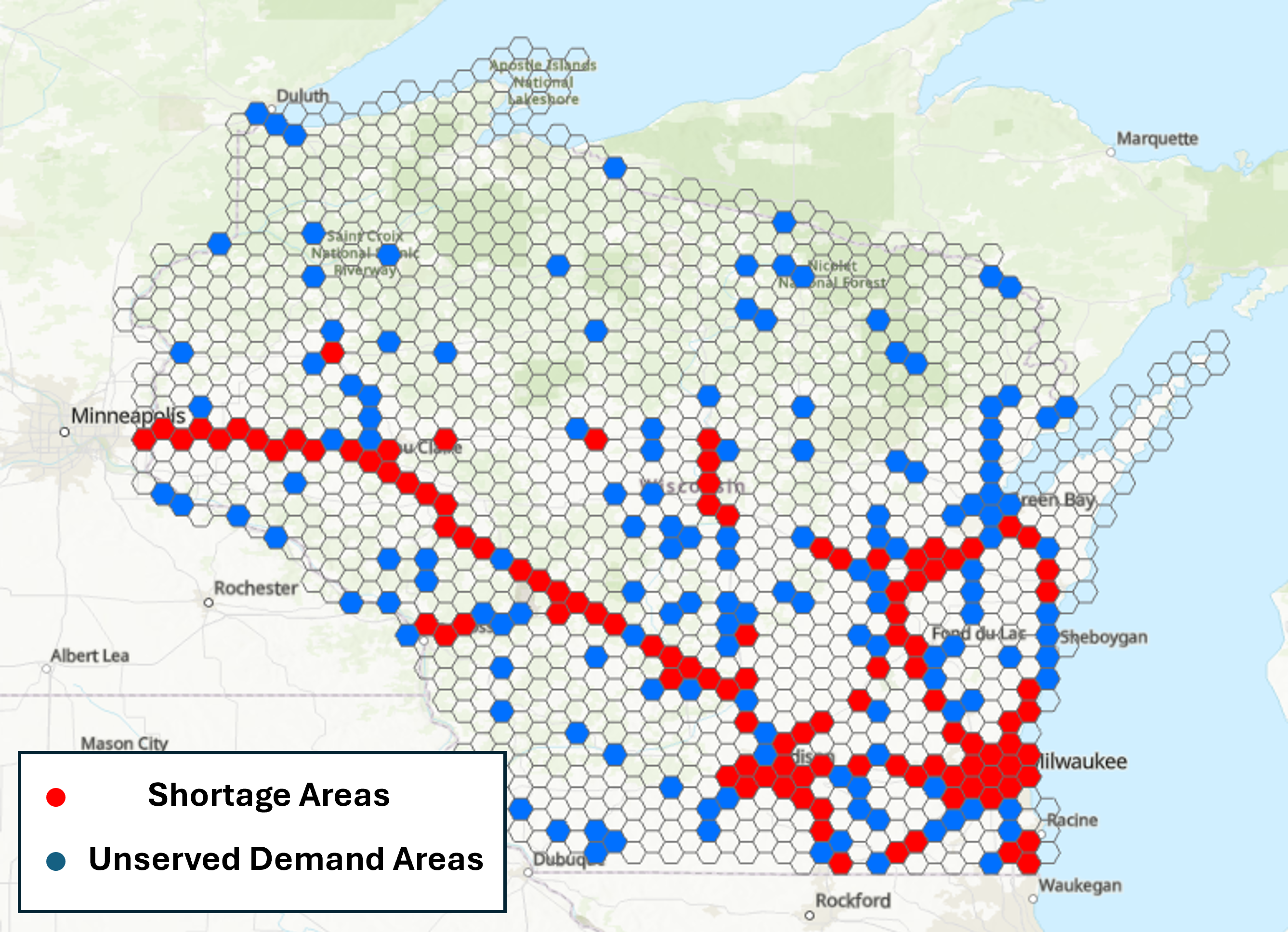 A geospatial hex-grid map of Wisconsin showing truck parking insufficiency. 109 grids are colored red to indicate areas already in a parking shortage with peak availability over 90 percent. 203 grids are colored blue to indicate locations with expected truck parking demand despite having no official truck parking facilities.