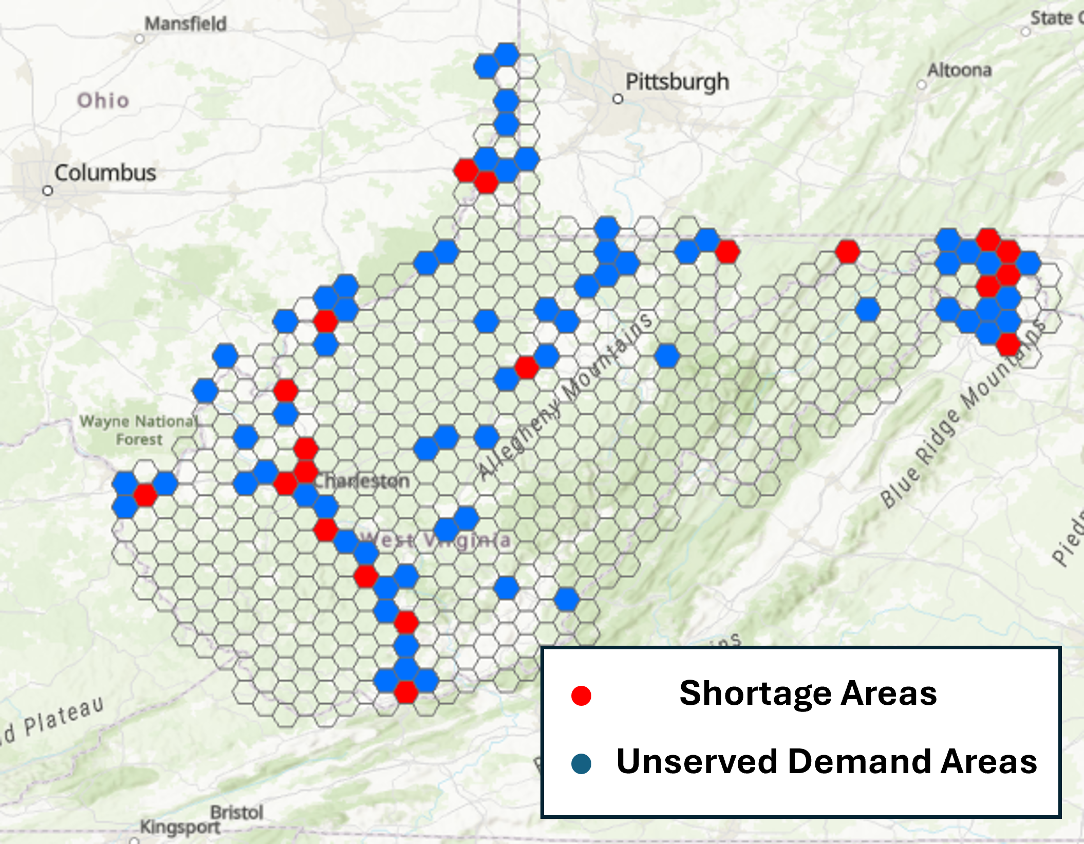 A geospatial hex-grid map of West Virginia showing truck parking insufficiency. 46 grids are highlighted in red to represent areas already experiencing a parking shortage with peak availability exceeding 90 percent. 66 grids are highlighted in blue to identify locations with high expected truck parking demand that currently lack official parking facilities.