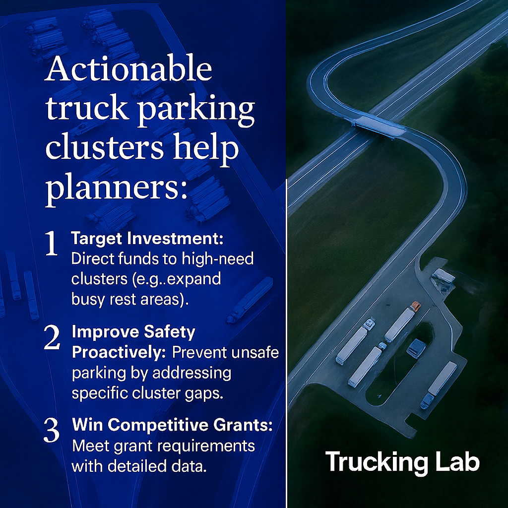 Actionable truck parking clusters infographic showing benefits for planners: target investment in high-need rest areas, improve safety by preventing unsafe parking, and win competitive grants with detailed data. Aerial view of trucks parked at highway rest stop.